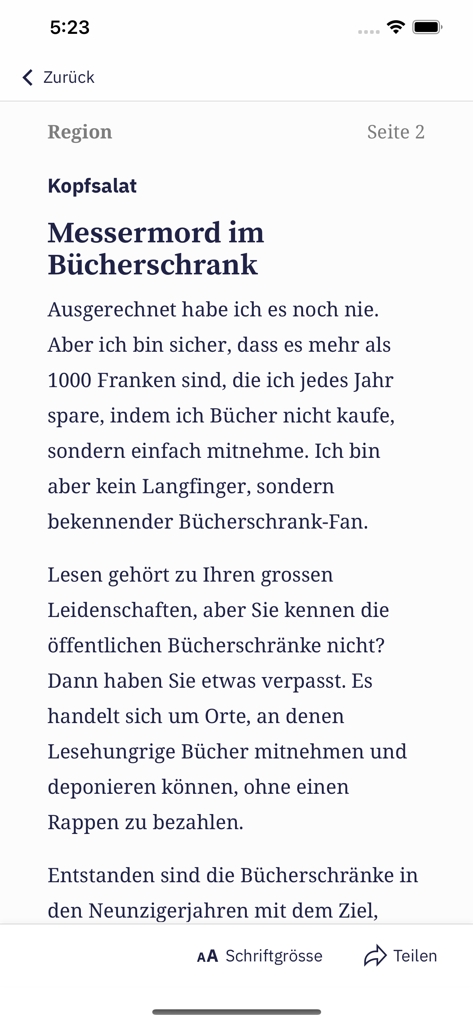 BZ Berner Oberländer E-Paper - Mobile screen of the Berner Oberlaender e-paper app displaying a news article in German
