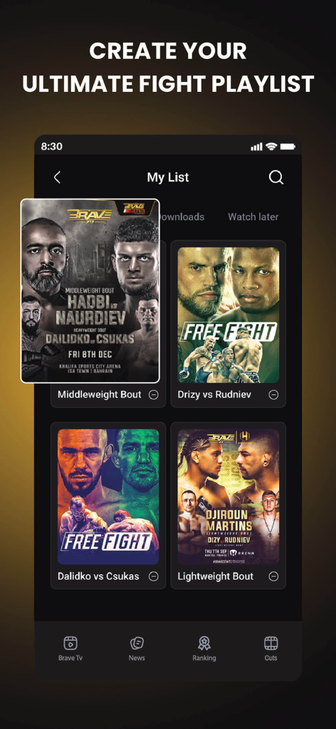 Interfaz de la aplicación Brave TV mostrando una lista de reproducción de peleas de MMA personalizada y una lista de visualización.