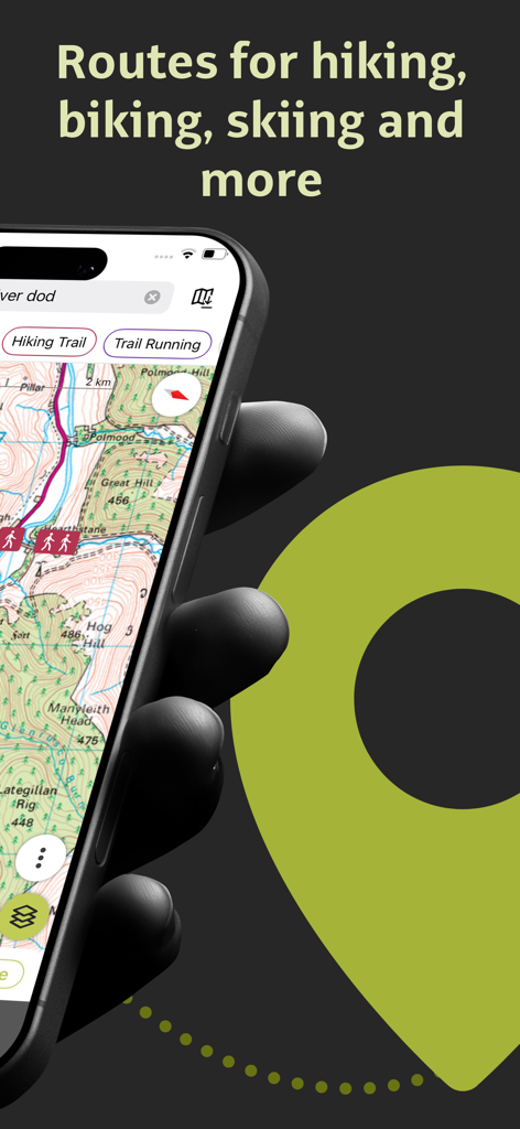 Outdooractive - Smartphone mostrando o aplicativo Outdooractive com mapa topográfico para rotas de caminhada, ciclismo e esqui