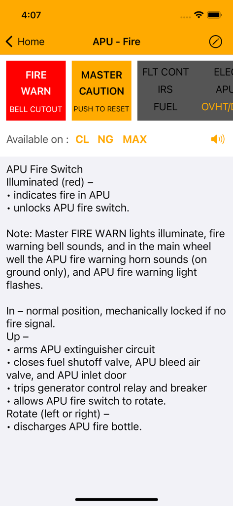 737 Master Caution - Technical description of the APU Fire Switch and warning lights for Boeing 737 aircraft