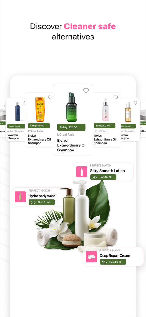 The Skincare Scanner - Derma - App interface displaying safe skincare alternatives with product safety ratings and recommendations