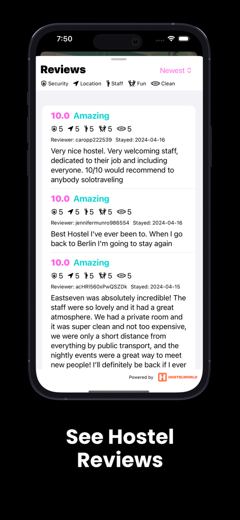 Sección de reseñas de la aplicación Hostel GO que muestra los hostales mejor valorados para viajeros solos