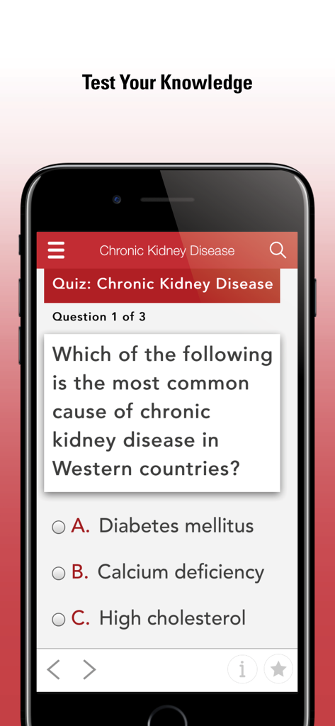 Merck Manual Consumer - A mobile phone displaying a medical knowledge quiz about chronic kidney disease in the Merck Manual Consumer app