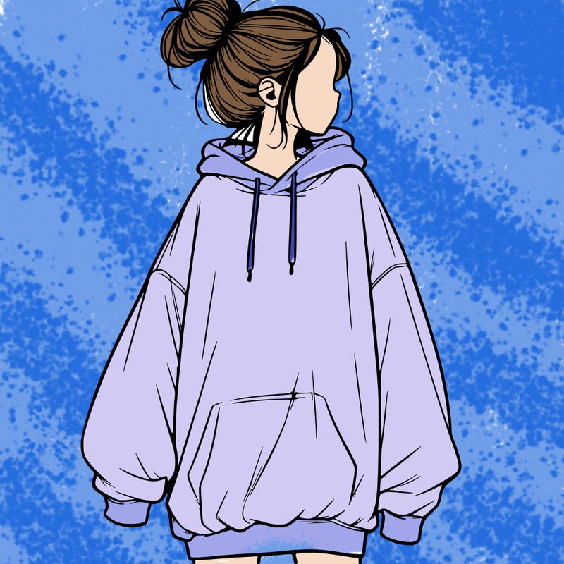 realistic girl with a oversized sweatshirt on and a bun