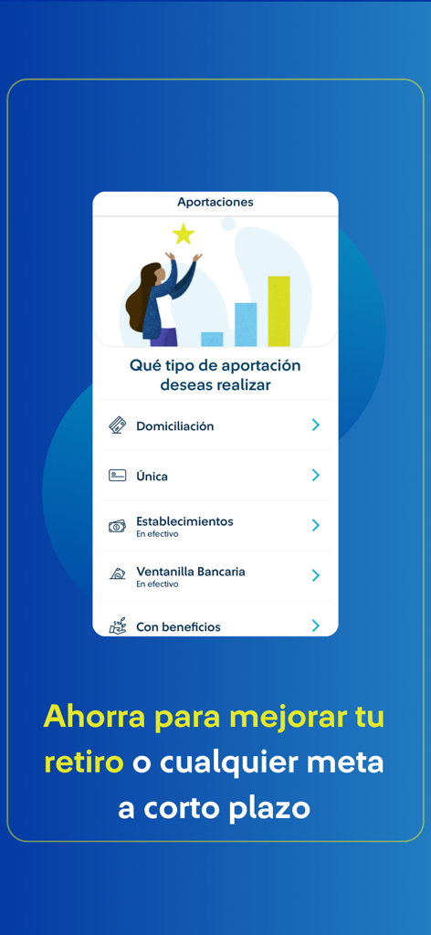 Afore SURA app screen displaying various voluntary contribution methods for retirement savings