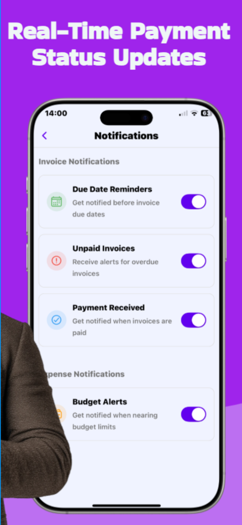 Interface mostrando atualizações de status de pagamento em tempo real e configurações de notificação para faturas e despesas