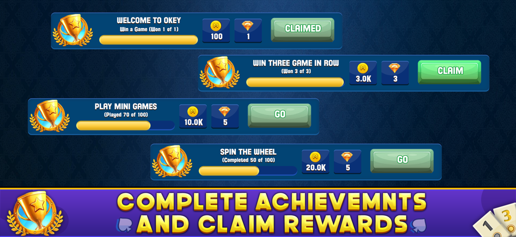 Okey - Offline Board Game - Menú de logros del juego de mesa Okey offline con recompensas de monedas y gemas