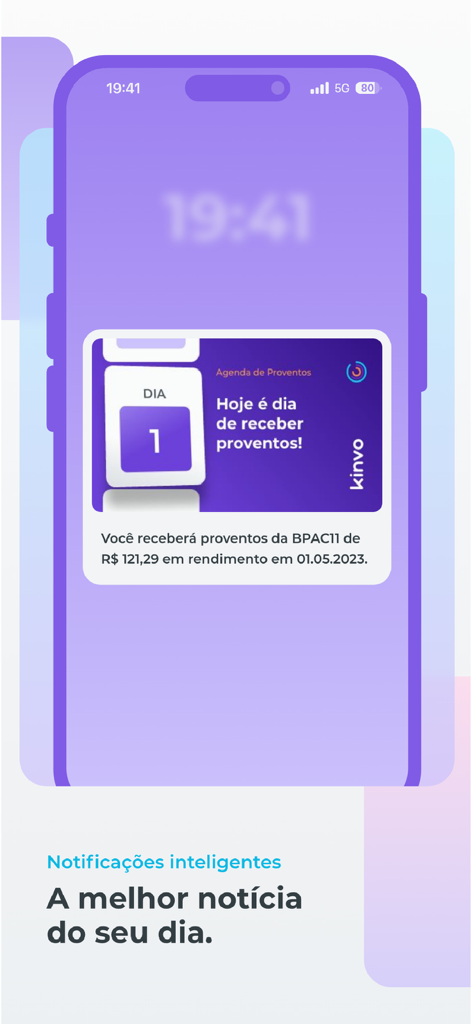 Kinvo: otimize investimentos - Kinvo app showing a dividend payment notification on a smartphone.