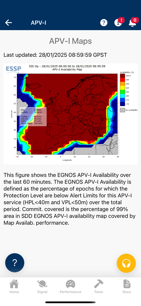 EGNOS - Captura de pantalla de la aplicación EGNOS que muestra un mapa de calor profesional de disponibilidad APV-I para navegación por satélite sobre Europa