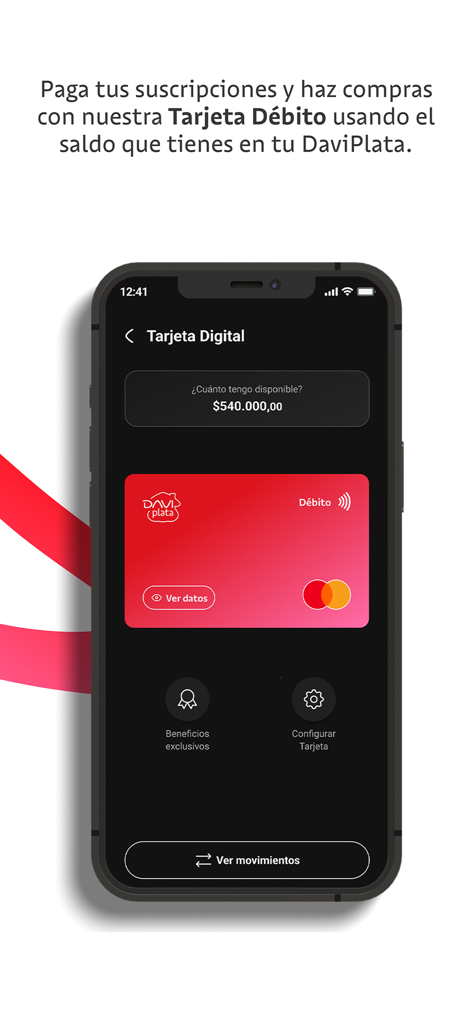 DaviPlata mobile app interface showing a red virtual Mastercard debit card and account balance.