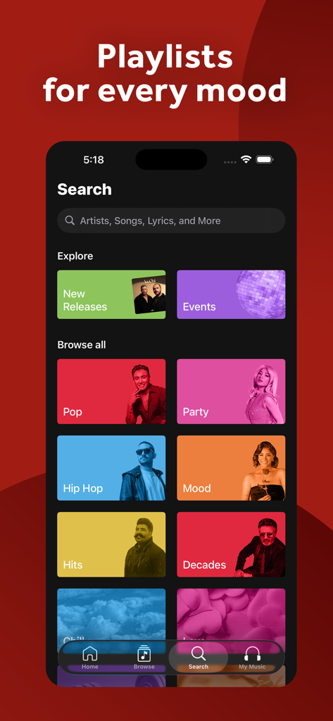 Radio Javan - Radio Javan app search screen showing various Persian music genres and mood based playlists