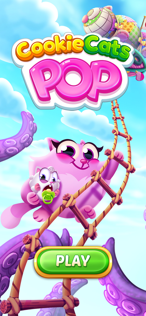 Cookie Cats Pop - Main title screen of Cookie Cats Pop featuring a pink cat climbing a ladder with a kitten and a green play button