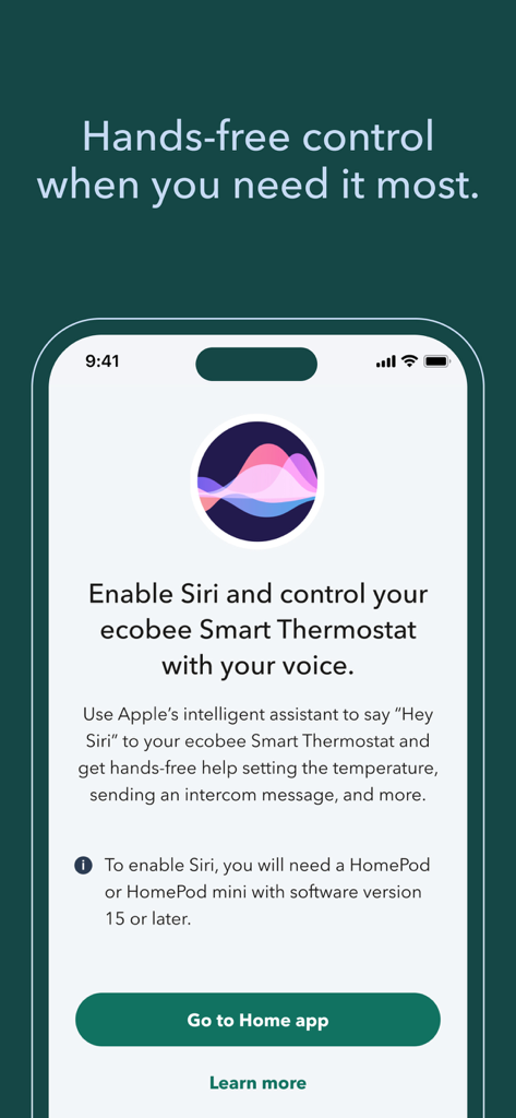 L'interface de l'application Ecobee explique l'intégration de la commande vocale mains libres avec Siri pour le thermostat intelligent.