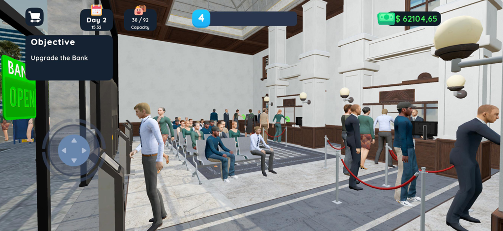 Uma simulação 3D de um interior de banco movimentado com clientes na fila e caixas de banco em suas mesas.