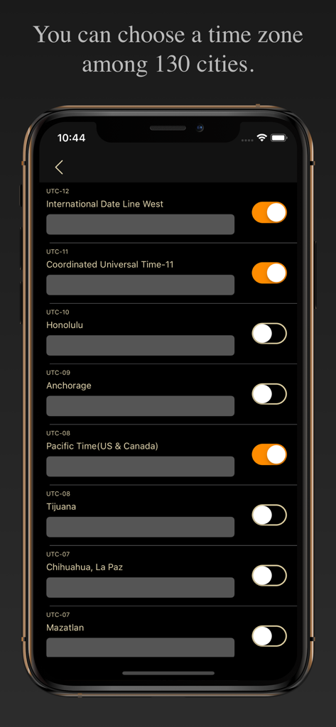 TiZo Pro - Screenshot of TiZo Pro app showing a list of global cities and time zones with toggle switches for selection