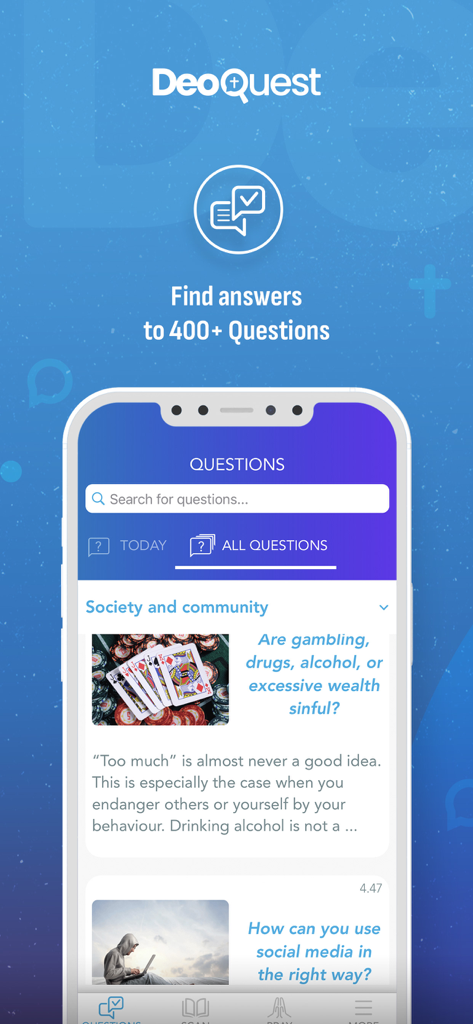 DeoQuest - Tweeting with GOD - DeoQuest app interface showing a list of religious questions and answers about faith and society