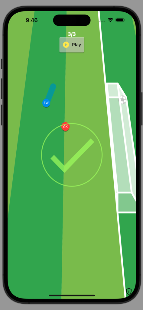 Striker!! - Minimalist soccer gameplay screen showing a successful goal with a green checkmark over a top-down view of a field and player icons