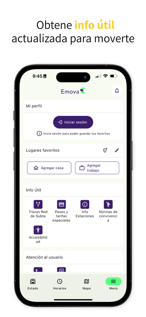 Emova - The Emova mobile app dashboard showing public transit info, schedules, and user settings in Spanish.