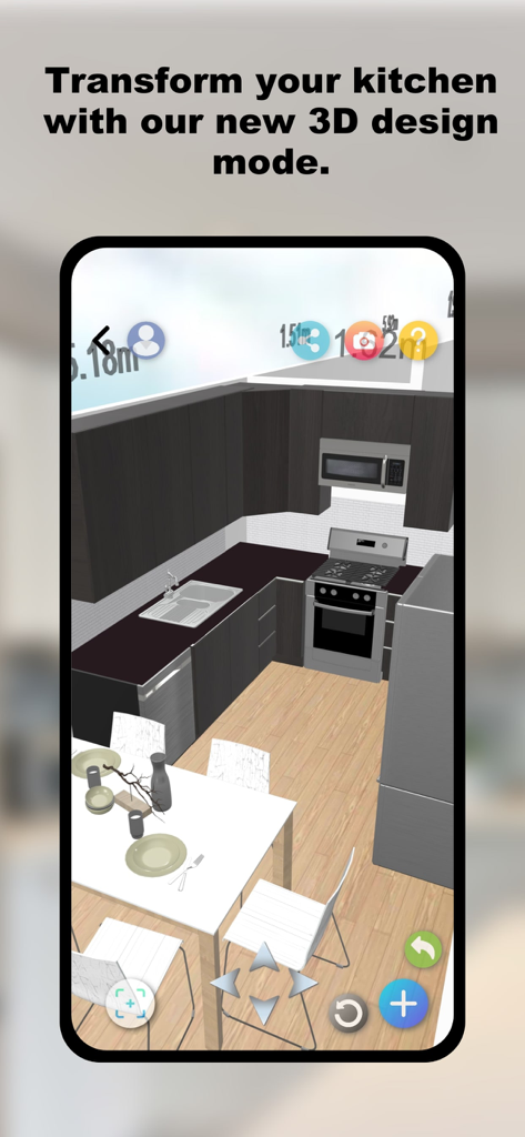 Mobile screen showing a 3D kitchen layout design with dark cabinets and a white dining table