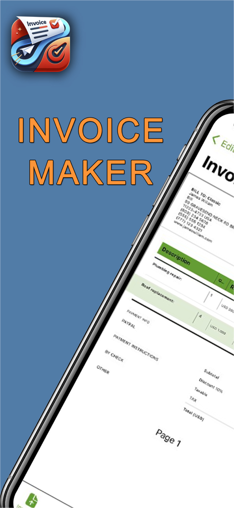 Invoice Pro Maker: PDF Billing - Interface of Invoice Pro Maker showing a professional PDF invoice on a smartphone