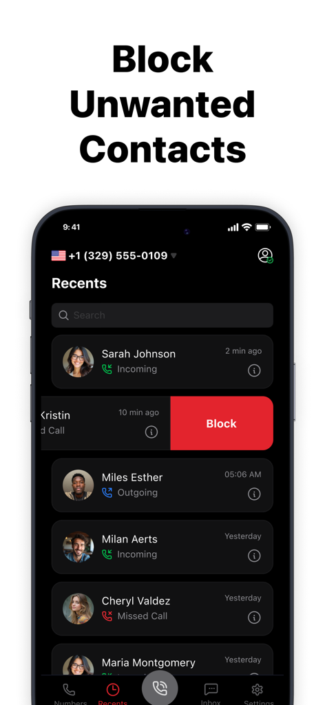 Text Shield: Disposable Number - Mobile app interface showing a call log on a secondary number with a red block button to stop unwanted contacts