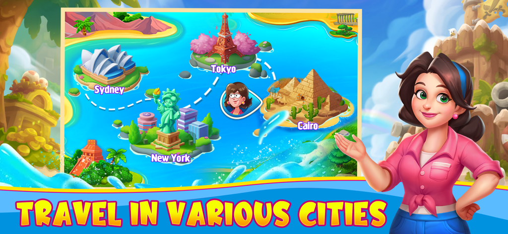 Bravo Bingo-Lucky Bingo Game - A world map interface in the Bravo Bingo game showing travel destinations like Sydney Tokyo New York and Cairo