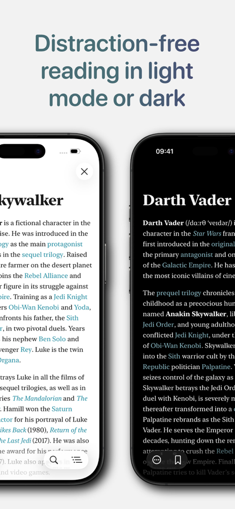 Omnipedia—Offline Encyclopedia - Omnipedia app interface showing light and dark modes for distraction free reading of encyclopedia articles