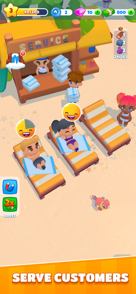 Bliss Bay - A character serving towels to guests on beach loungers at a tropical resort in Bliss Bay idle arcade game.
