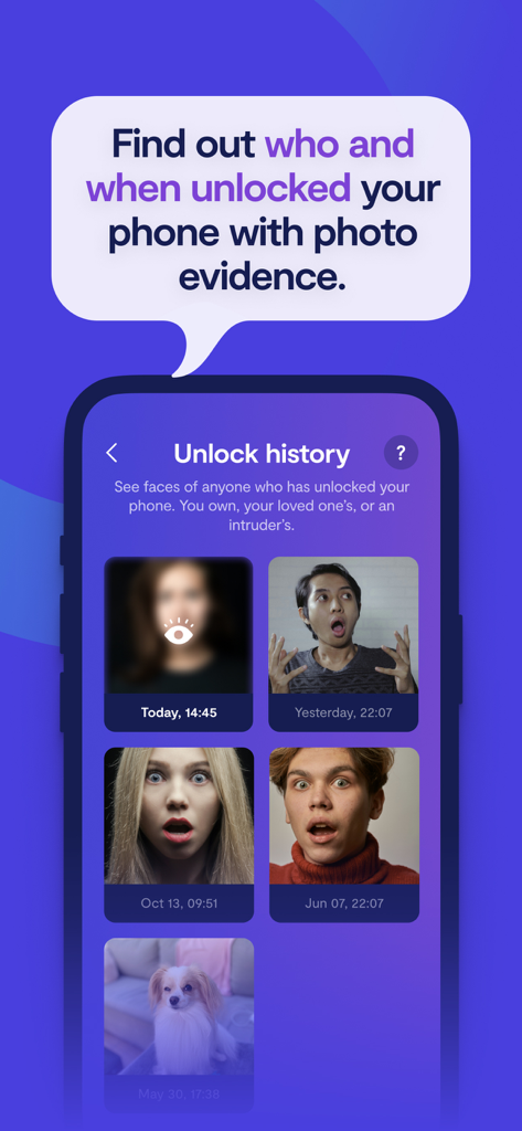 Clario AntiSpy app interface showing the unlock history with photos of people who accessed the phone