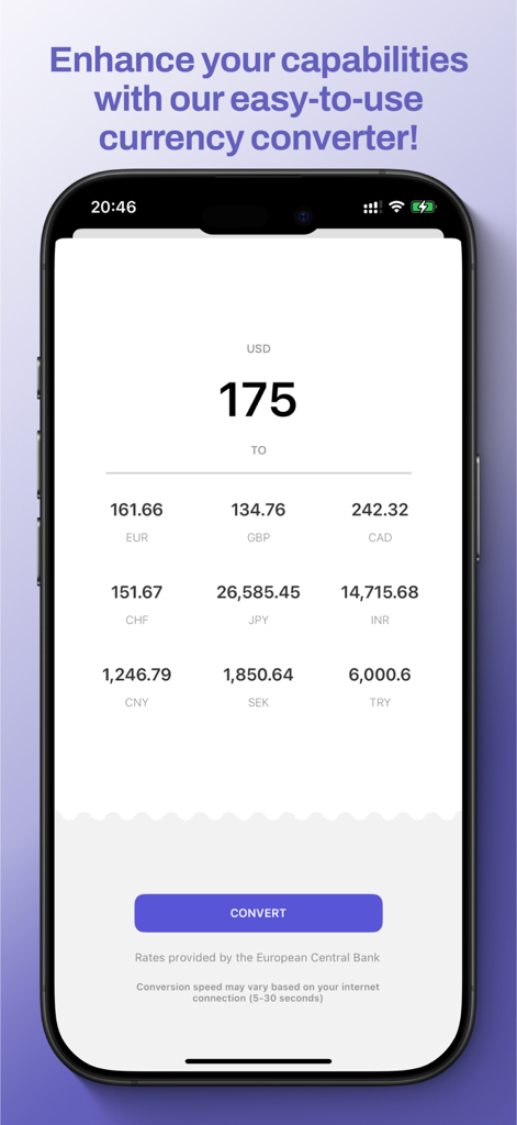 Currency converter screen in the i know percent app showing USD exchange rates to multiple world currencies.