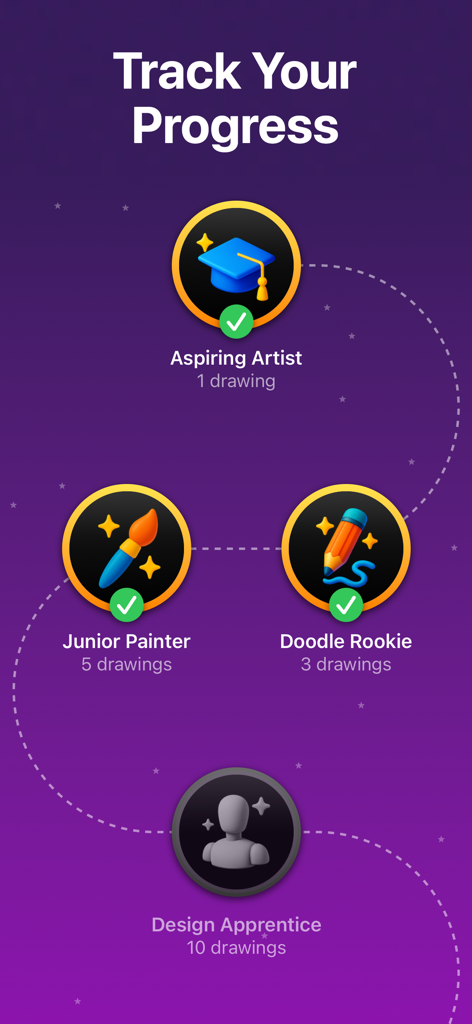 DrawUp - Learn To Draw - Gamified progress tracking screen in DrawUp showing drawing achievements and milestones