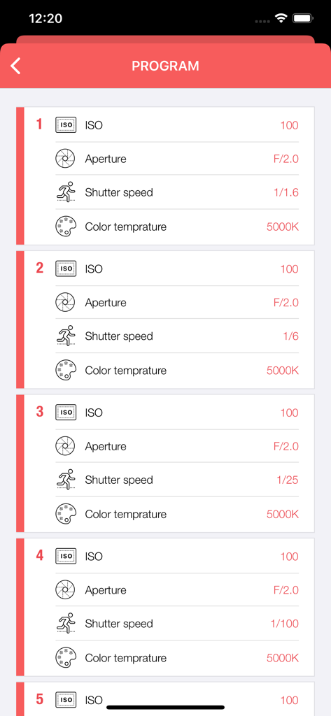 HDRI - Interface of the HDRI app showing a list of programmed camera exposure settings for bracketed 360 photography