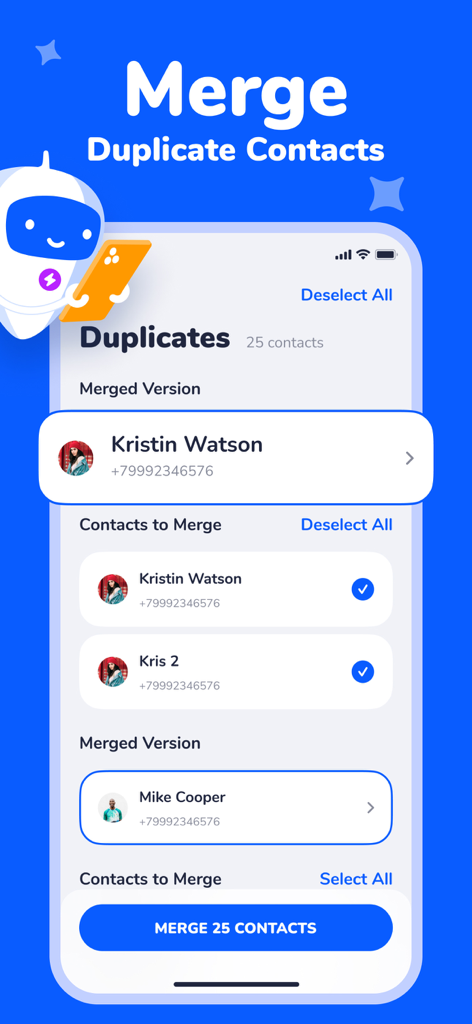Interfaz para fusionar contactos duplicados en la aplicación Smart Cleaner
