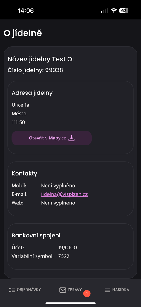 Strava.cz Meal Ordering - Canteen information screen in the Strava.cz app displaying address contacts and payment details
