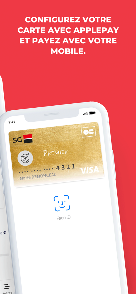 L'Appli SG mobile app interface showing Apple Pay configuration with a gold Premier Visa card and Face ID authentication