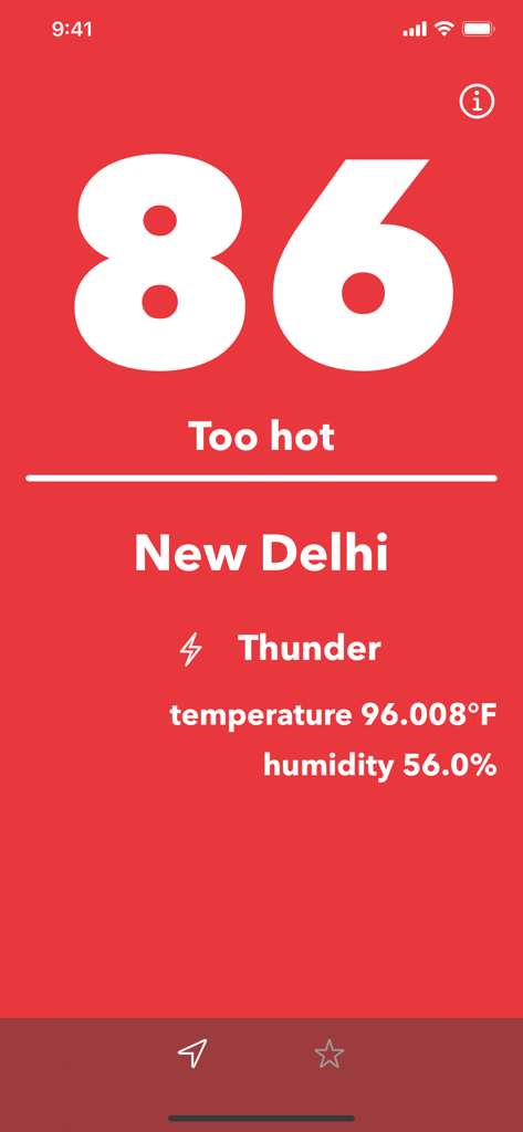 Feel - View weather comfort - Feel app interface showing a heat index of 86 with temperature and humidity data for New Delhi
