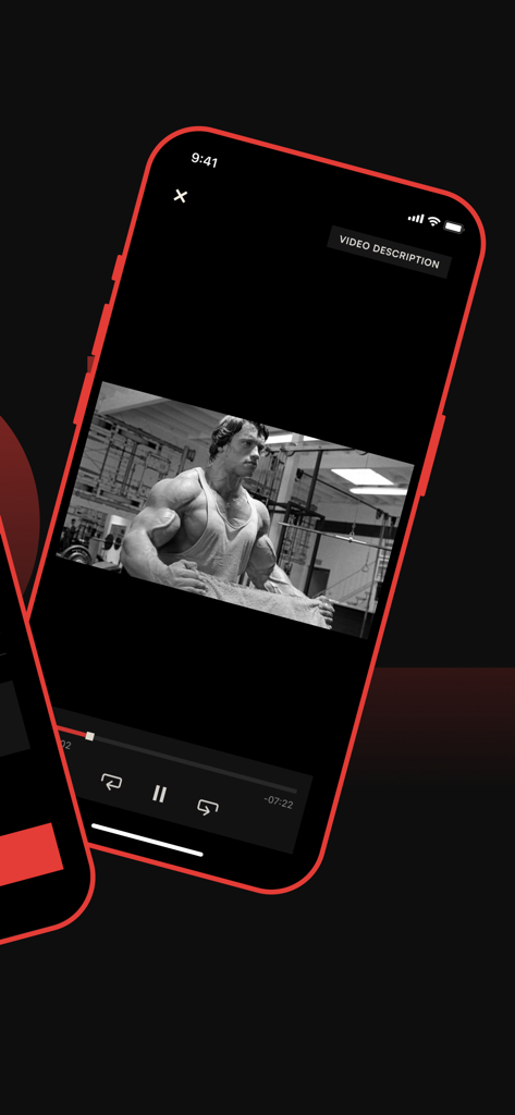 A smartphone screen playing a vintage black and white video of Arnold Schwarzenegger training in the Pump Club app.