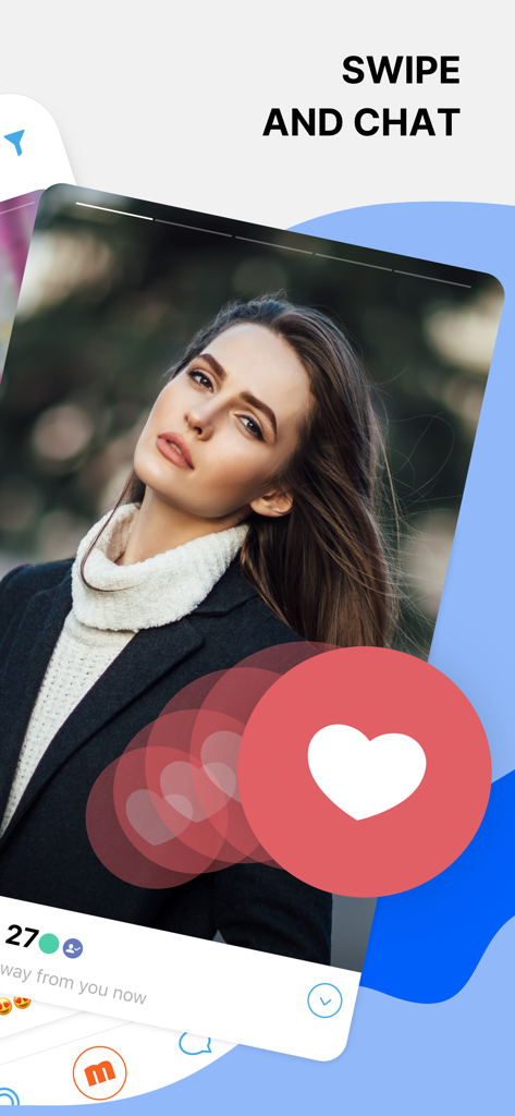 Love Mail.Ru app interface showing a user profile with a swipe and chat feature