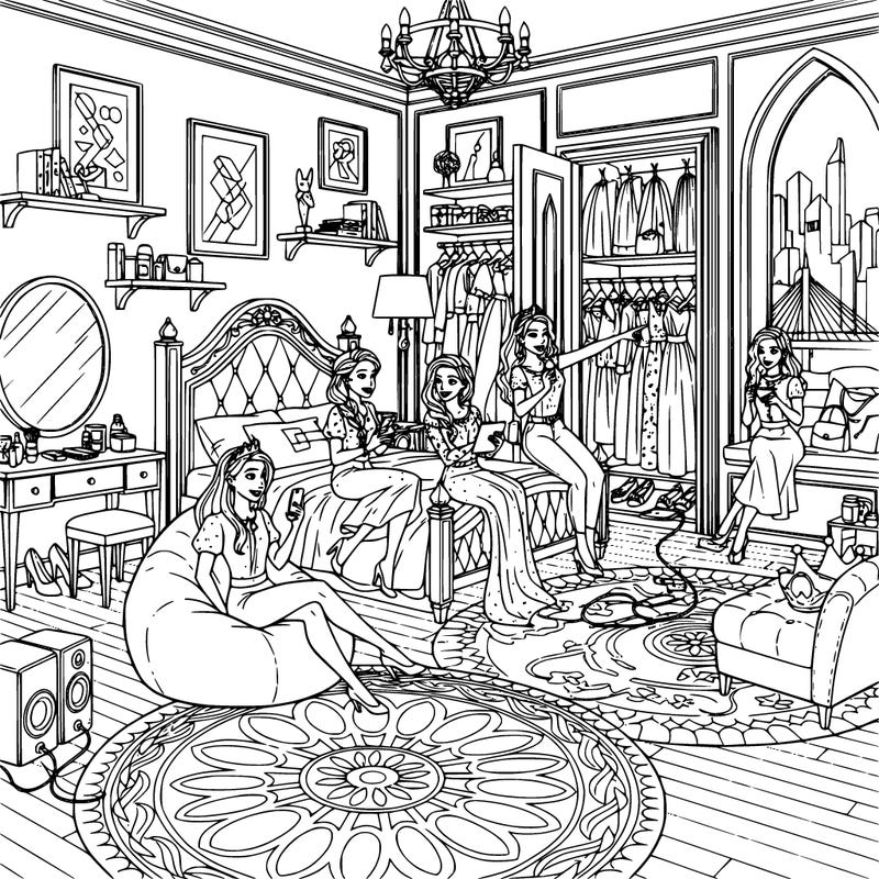 modern day princess in her room in her castle.  there is a lot of detail in her room.  her friends, also modern day princesses are in her room spending time as well.