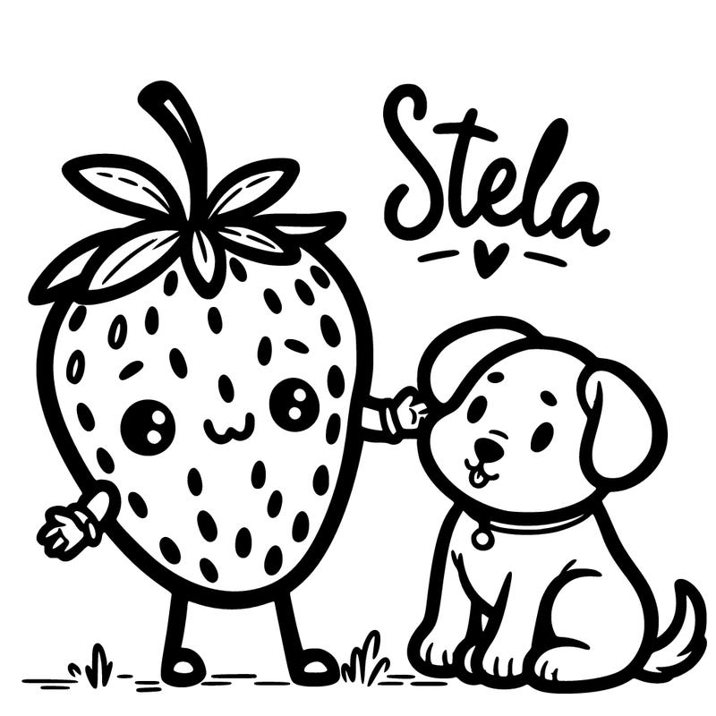 a cute little strawberry with arms and legs and a face petting a cute little puppy dog with the words "stella" written above them
