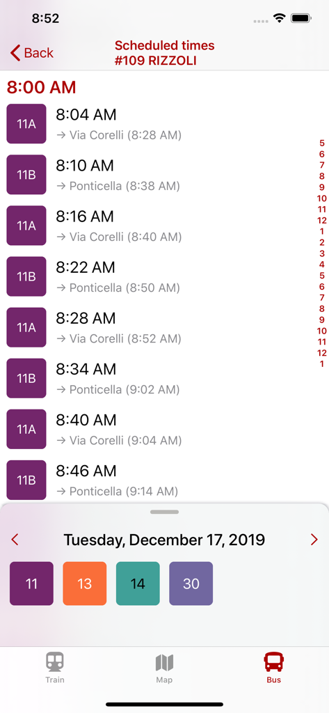 WeBus - Bologna & Ferrara - WeBus app screen displaying scheduled bus times for the Rizzoli stop in Bologna