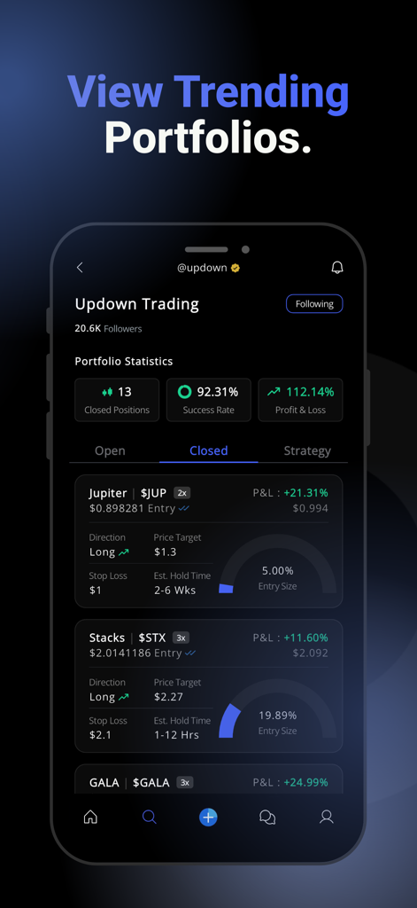 involio - Involio app interface displaying trending trader portfolios with success rates and closed crypto trades