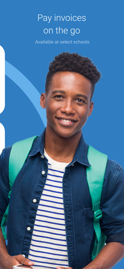MSB Parent, USA - Student with backpack and smartphone showing the pay invoices on the go feature
