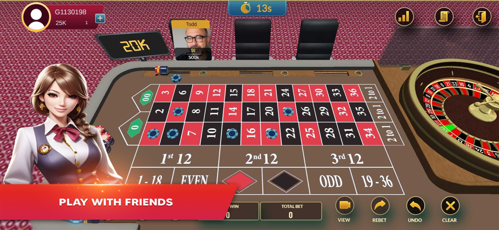 Tavolo da gioco della roulette digitale con una dealer donna e fiches posizionate sulla griglia di scommesse