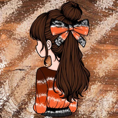 realistic girl  with hip length hair a bun and a big bow on the back of head