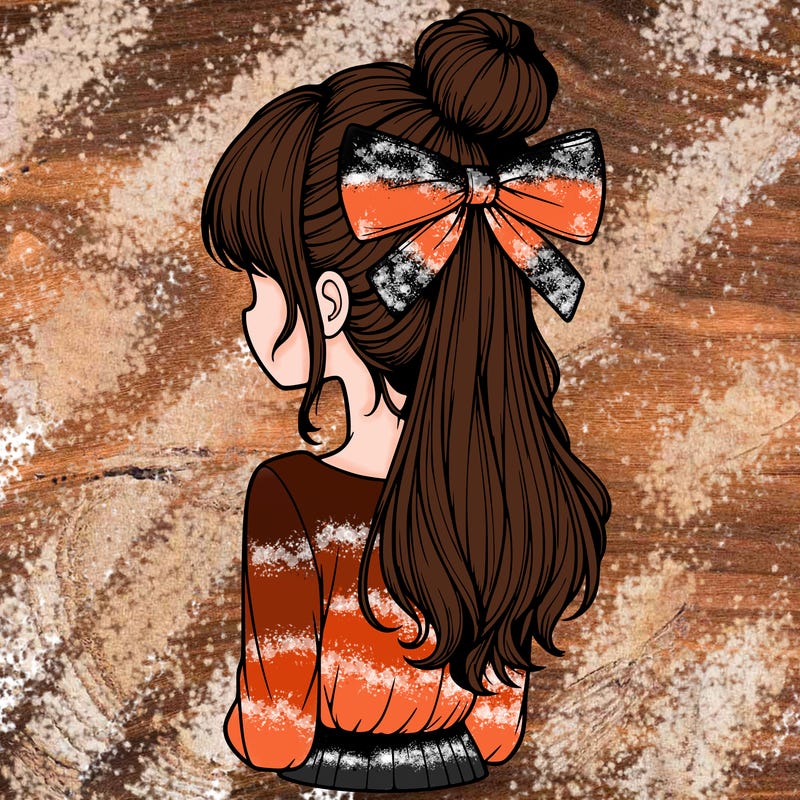realistic girl  with hip length hair a bun and a big bow on the back of head