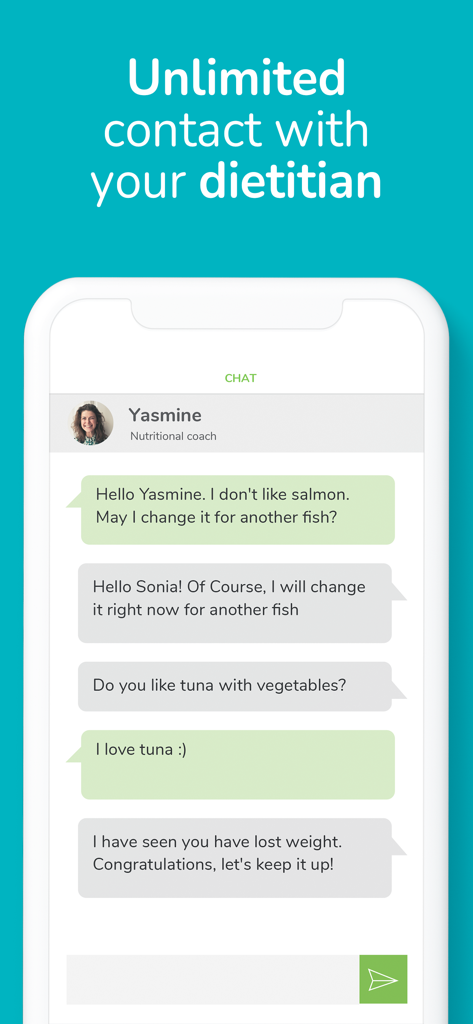A mobile phone screen showing a chat conversation with a nutritional coach about personal meal preferences and progress tracking.