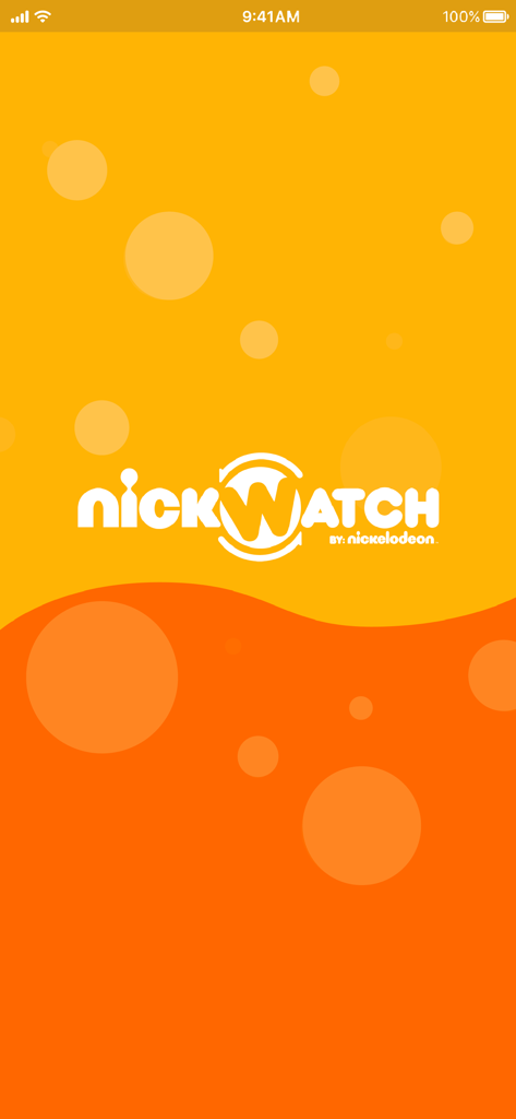 NickWatch: Parent App - Tela inicial do App dos Pais NickWatch com o logo da Nickelodeon em um fundo de bolhas amarelo e laranja