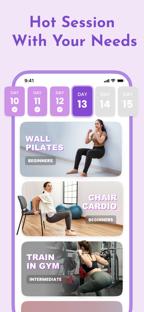 Butt Workout: Fitness at Home - Interface de l'application Butt Workout présentant différentes catégories d'exercices comme le Pilates mural et le cardio sur chaise.