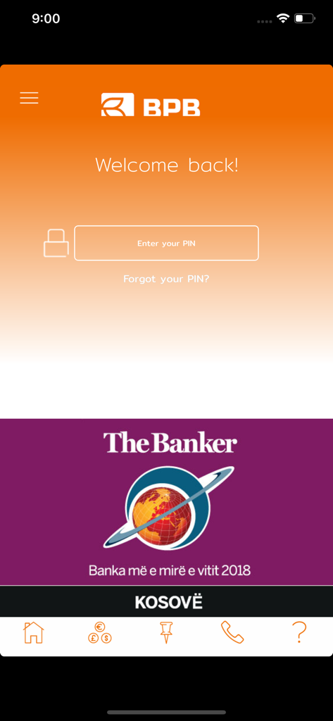 Login screen of the BPB Mobile Banking KS app with a PIN entry field and a Bank of the Year award banner